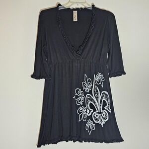 Lilypad Tunic Top Womens XL Black White Fleur de Lis Embellished 3/4 Sleeve USA